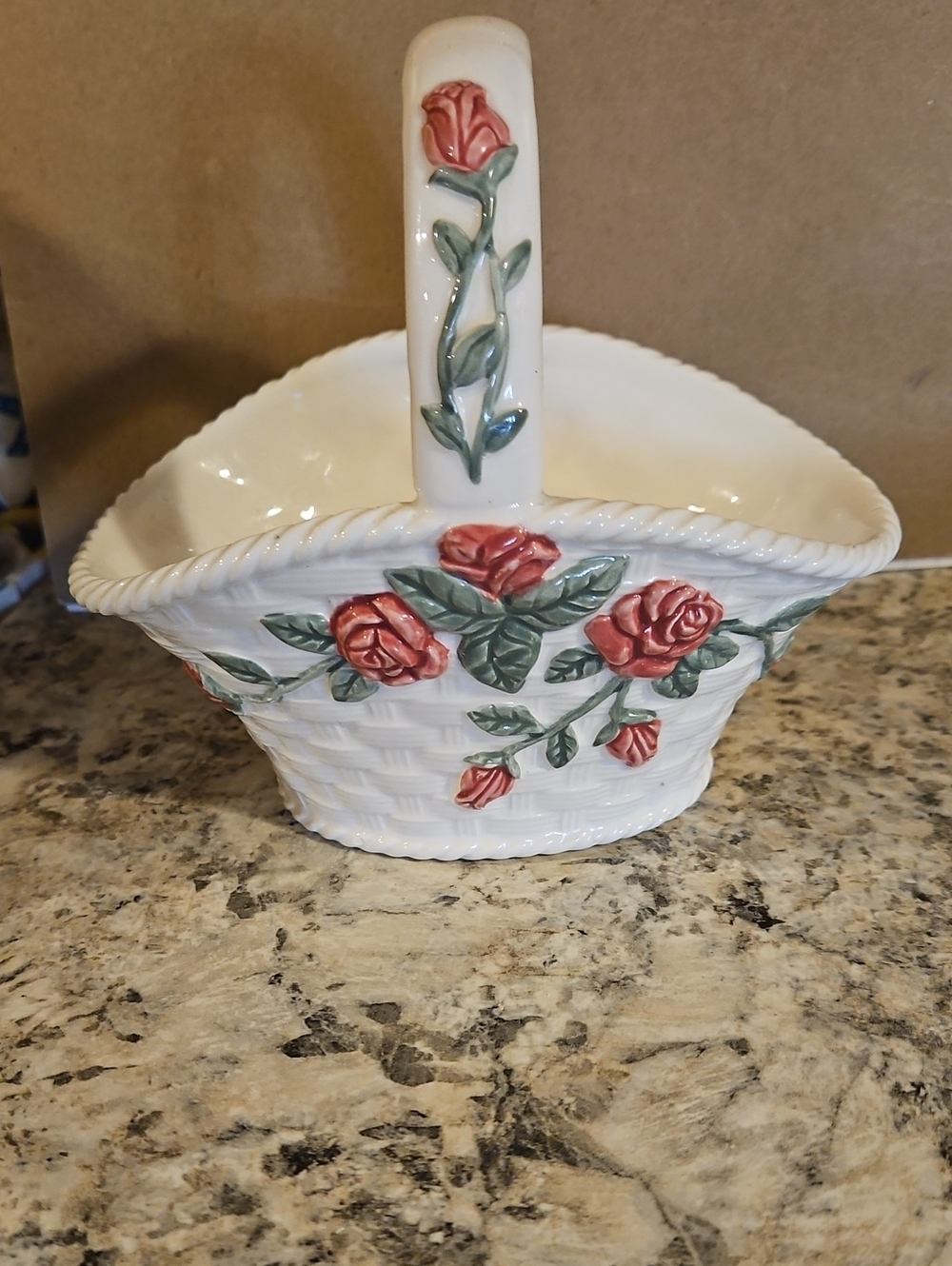 Decorative White Ceramic Basket with Pink Rose Accents - Brand